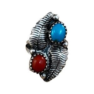 Vintage sterling silver turquoise and coral Native American ring size 5